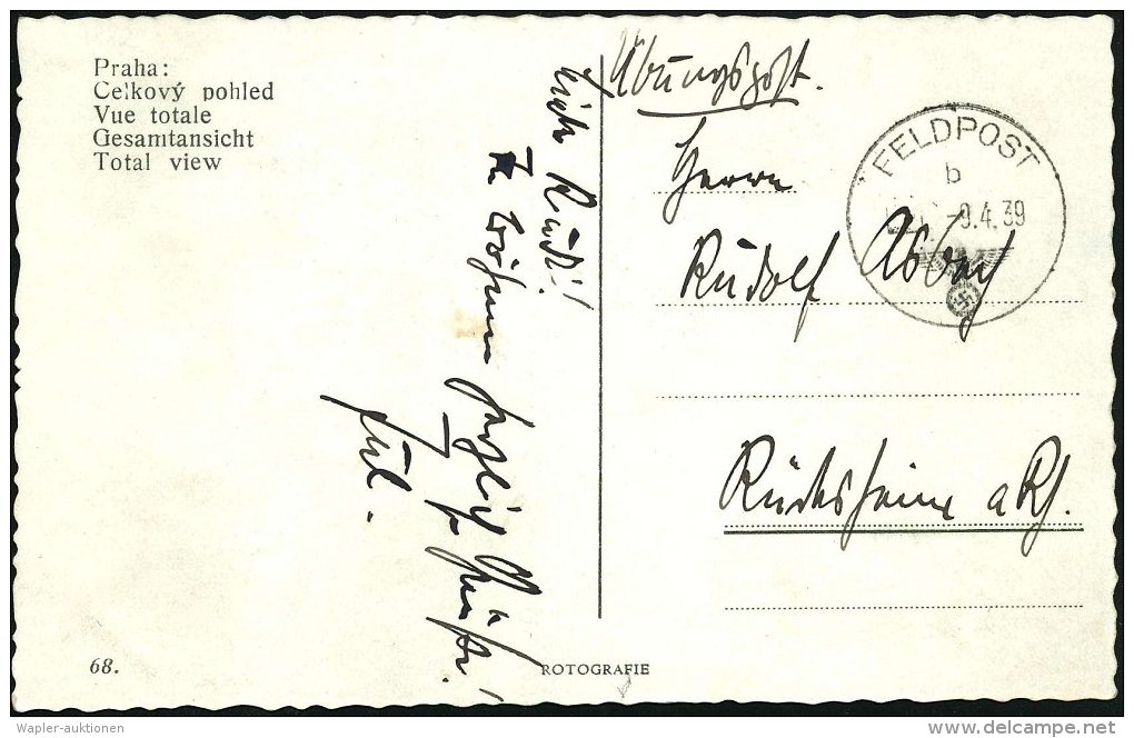 DEUTSCHES REICH 1939 (9.4.) 1K: FELDPOST/b/--- + Hs. Vermerk "Übungspost" , Klar Gest. Feldpost-Ak.: Prag... - Sonstige & Ohne Zuordnung