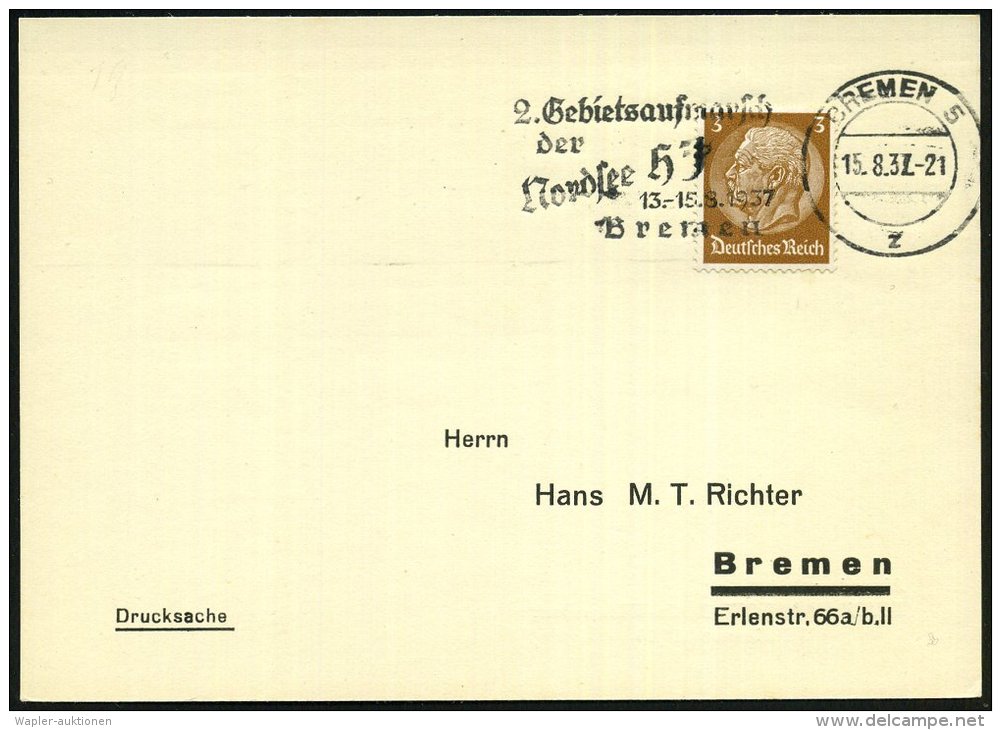 BREMEN 5/ Z/ 2.Gebietsaufmarsch/ Der/ Nordsee HJ/ 13.-15.8. 1937 (15.8.) MWSt Klar Auf Inl.-Kt. (Bo.19 A , Nur 3... - Sonstige & Ohne Zuordnung