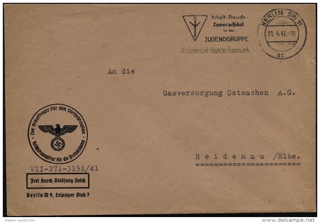 BERLIN SW 11/ Ac/ ..JUGENDGRUPPE/ NS-Frauenschaft 1941 (21.4.) MWSt (Lebens-Rune) Auf Vordr.Bf.: FdAR/ Der... - Sonstige & Ohne Zuordnung