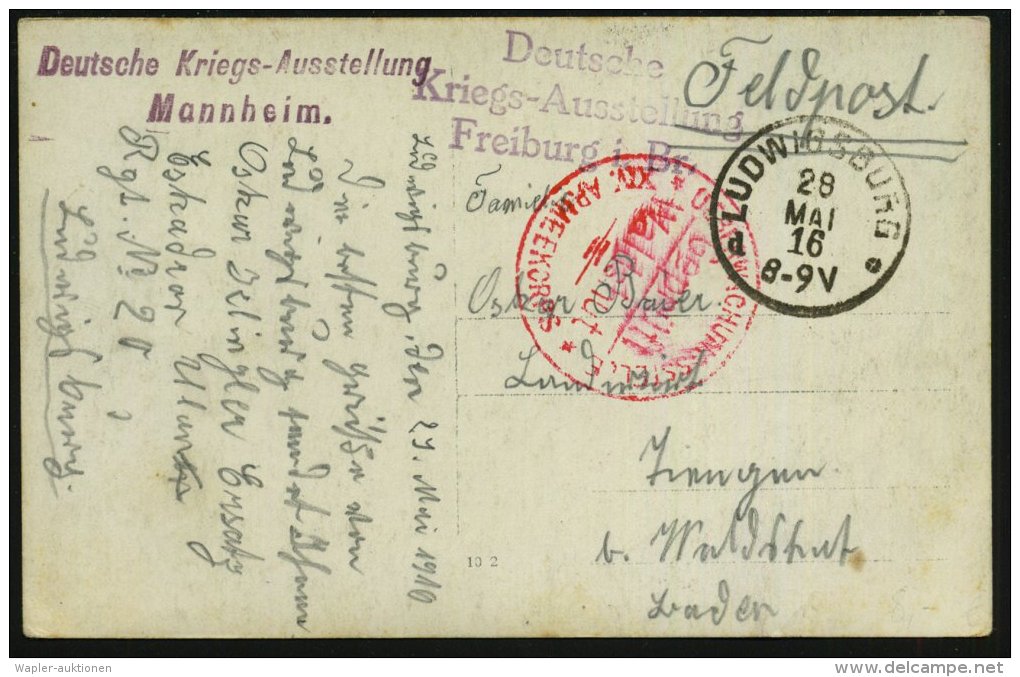 LUDWIGSBURG/ D* 1916 (28.5.) 1K + Viol. 3L: Deutsche/Kriegs-Ausstellung/Freiburg I. Br. + 2L Von Mannheim + Roter... - Other & Unclassified
