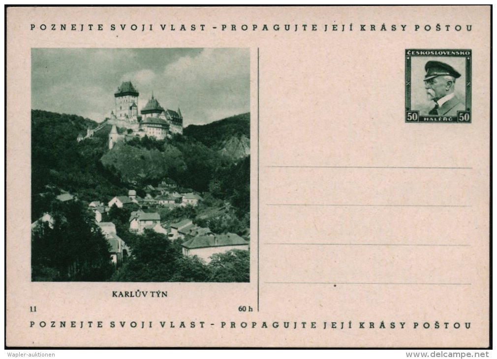 TSCHECHOSLOWAKEI 1937 50 H. BiP Masaryk, Grün: KARLUV TYN = Burg Karlstein, Gegr. V. Kaiser Karl IV., Im... - Other & Unclassified