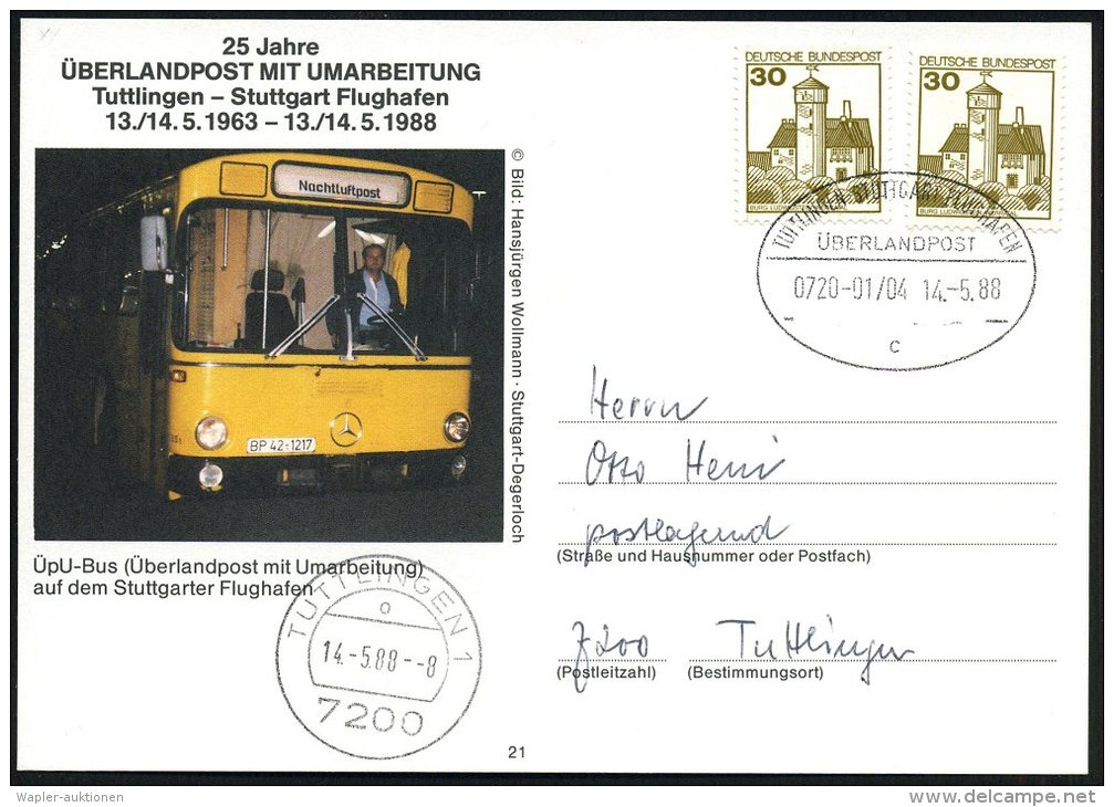 TUTTLINGEN-STUTTGART FLUGHAFEN/ ÜBERLANDPOST/ 0720-01/ 04/ C 1988 (14.5.) Oval-St + Postalager-1K: TUTTLINGEN... - Sonstige & Ohne Zuordnung