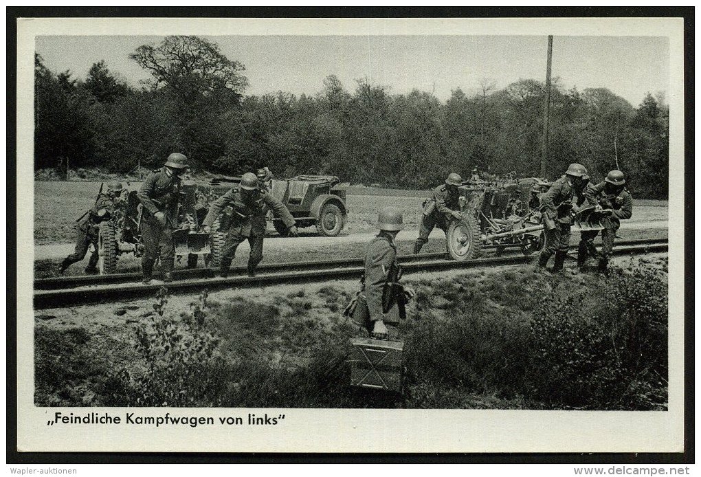 DEUTSCHES REICH 1935 (ca.) S/w.-Foto-Ak.: "Feindlicher Kampfwagen Von Links", 2 Einheits-PKW + 2x Pak 3,7 Cm... - Other & Unclassified