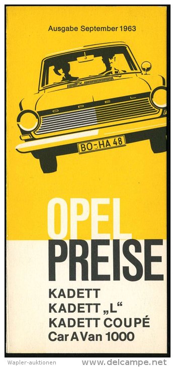 Rüsselsheim 1963 Klappkarte "OPEL PREISE KADETT.." (Abb.: Opel "Kadett" Mit Nummernschild Bochum) Druckfrisch! - Other & Unclassified