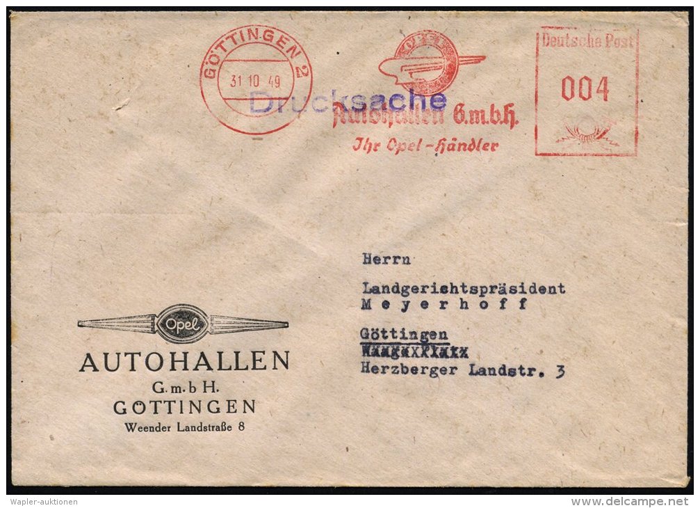 GÖTTINGEN 2/ OPEL/ Autohallen GmbH/ Jhr Opel-Händler 1949 (31.10.) AFS = Opel-Logo , Klar Gest., Dekorat.... - Other & Unclassified