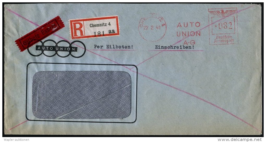 CHEMNITZ 1/ AUTO/ UNION/ A-G 1941 (27.2.) AFS 082 Pf. + RZ: Chemnitz 4/a A , Vordr.-Bf.: AUTO UNION (4 Ringe) =... - Other & Unclassified