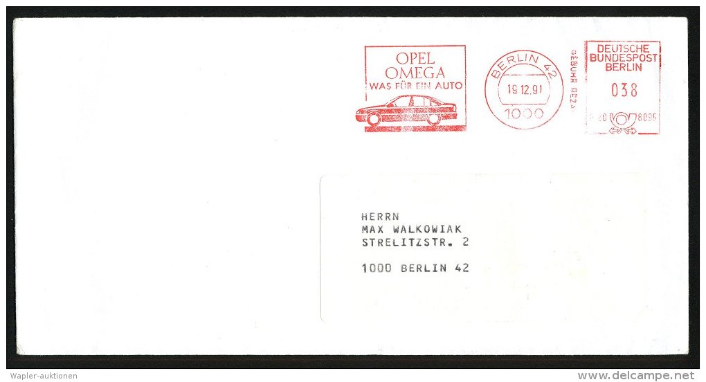 1000 BERLIN 42/ ..F 20 8095/ OPEL/ OMEGA/ WAS FÜR EIN AUTO 1991 (19.12.) AFS = Opel "Omega", Ortsbf.... - Other & Unclassified