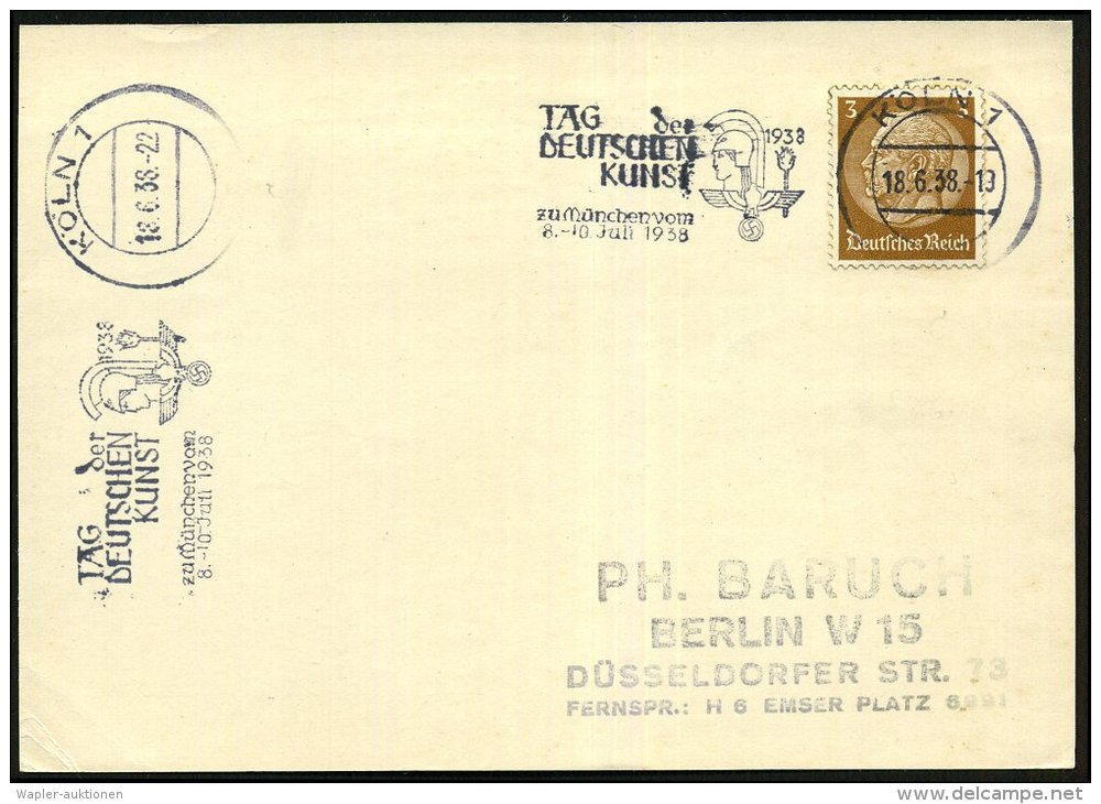 KÖLN 1/ C/ TAG Der/ DEUTSCHEN/ KUNST/ Zu München.. 1938 (18.6.) Seltener MWSt = Kopf Der Pallas Athene ,... - Other & Unclassified