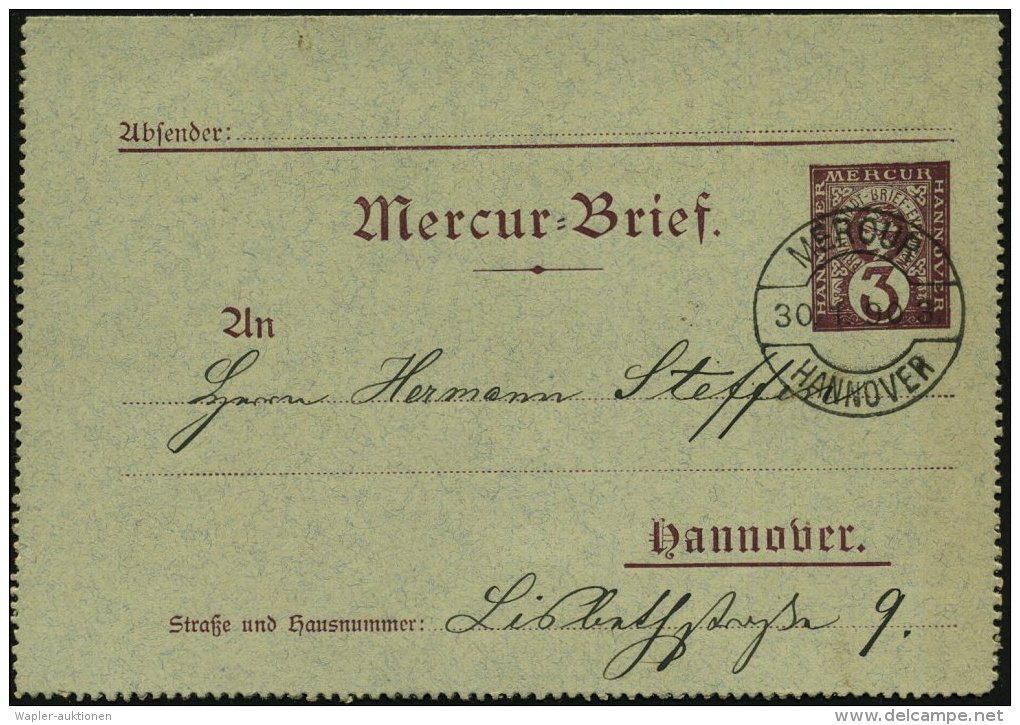 Hannover 1890 (30.1.) 3 Pf. Kartenbf. Privat-Stadt-Brief-Expedition "Mercur", Braun: Merkurkopf + 1K-Steg:  M E R C... - Other & Unclassified