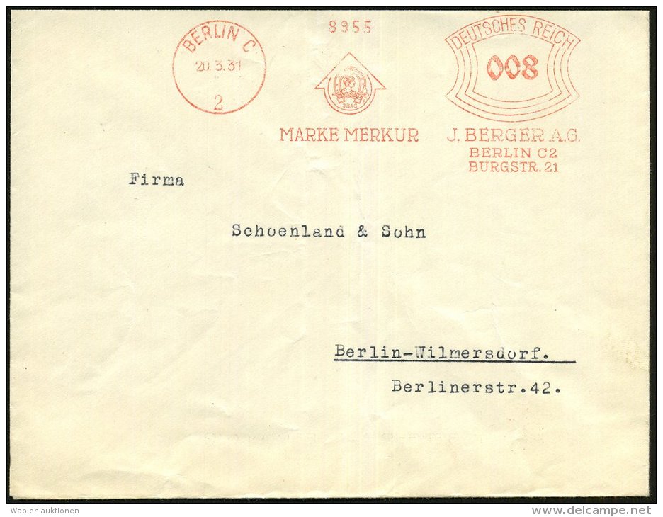 BERLIN C/ 2/ MARKE MERKUR/ J.BENDER AG.. 1931 (10.4.) AFS = Mekur-Kopf (u. Hufeisen) Orts-Bf. (Dü.E-1BAh) - Other & Unclassified