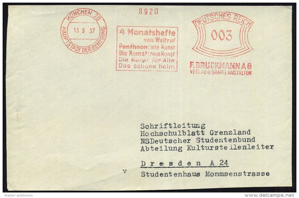 MÜNCHEN 20/ HDB/ 4 Monatshefte/ V.Weltruf/ Pantheon: Alte Kunst../ F.BRUCKMANN AG 1937 (13.9.) AFS Klar A.... - Other & Unclassified