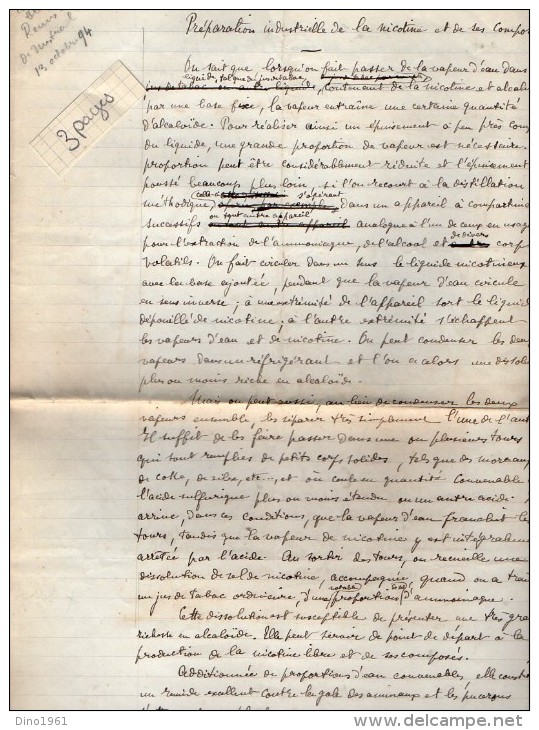 VP3577 - Copie D´un Brevet  Remis à Mr MESTRAL Ingénieur Conseil  à PARIS Sure La Nicotine - Documents