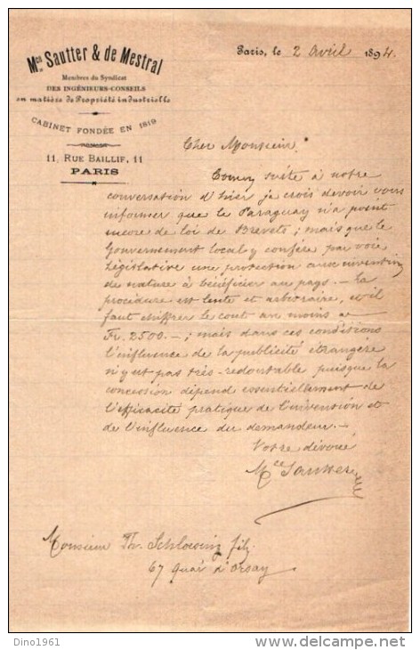 VP3578 - Tabac -  Lettre De Mr De SAUTTER Ingénieur Conseil à PARIS  Au Sujet De Brevets D'invention - Dokumente