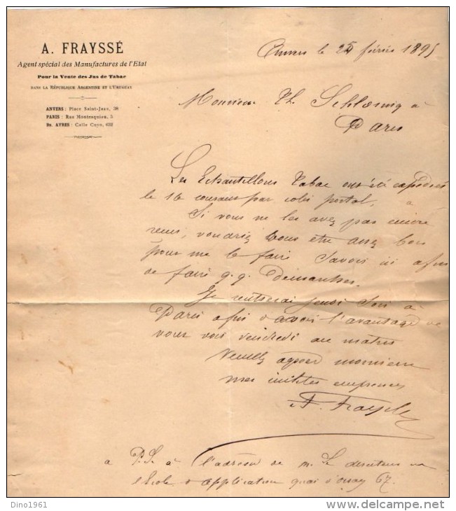 VP3580 - Tabac - Lettre De Mr  A. FRAYSSE Agent Spécial Des Manufactures De L'Etat Pour Mr SCHLOESING à PARIS - Dokumente