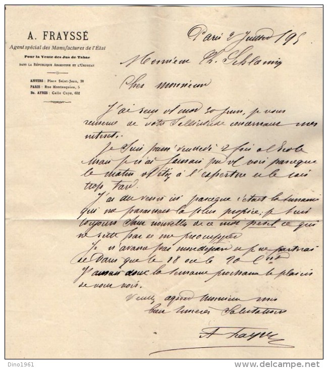 VP3582 - Tabac - Lettre De Mr  A. FRAYSSE Agent Spécial Des Manufactures De L'Etat Pour Mr SCHLOESING à PARIS - Documents