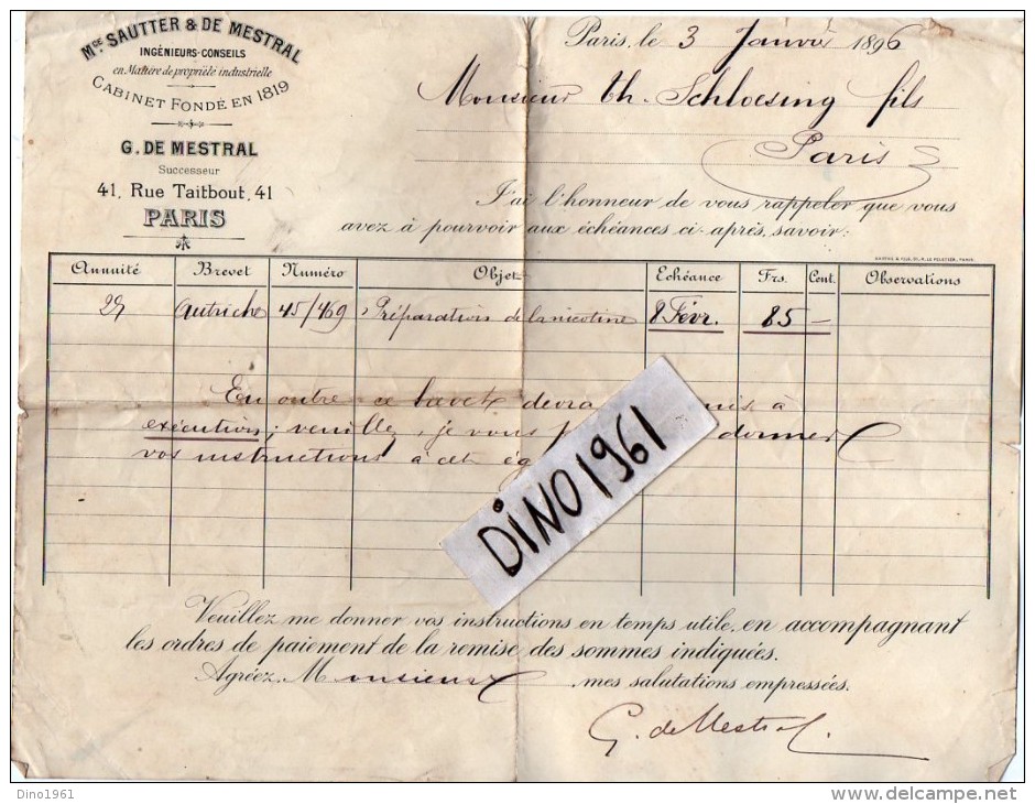 VP3583 - Tabac - Lettre De Mr MESTRAL Ingénieur Conseil  Pour Mr SCHLOESING à PARIS - Dokumente