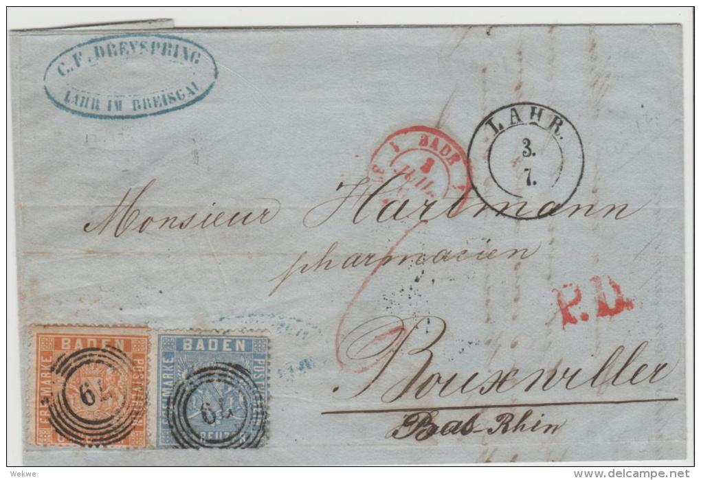 Bad276 / BADEN -  Lahr 1862 Nach Frankreich Mit Mi.Nr. 10 Und 11, Gut Gezähnt. - Lettres & Documents