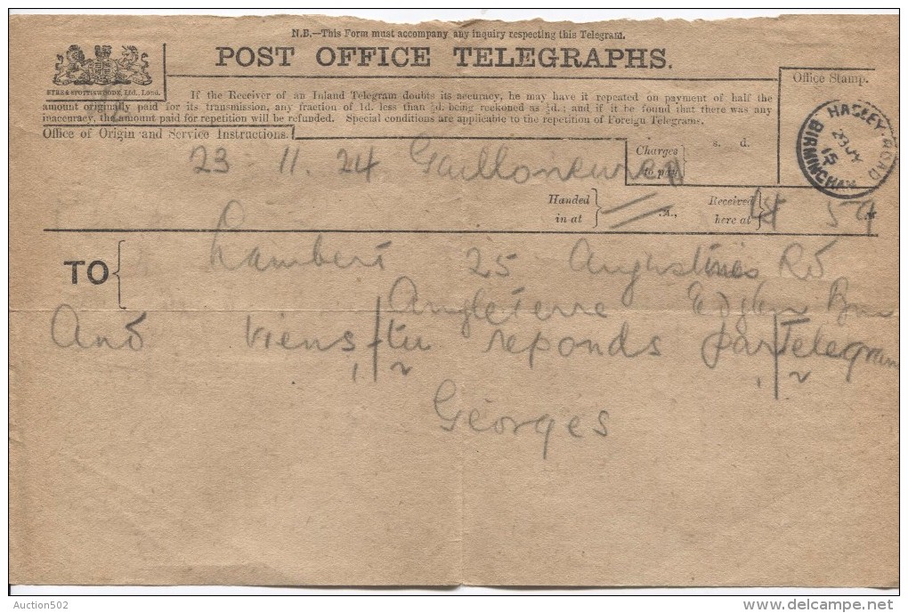 Great Britain Post Office Telegraphs Sent From Hagley Road Birmingham 23/7/1915 PR2931 - Marcophilie