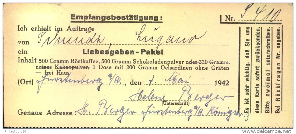 1942, Liebesgabenpaket-Empfangsbestätigung FÜRSTENBERG (ODER) - Sonstige & Ohne Zuordnung