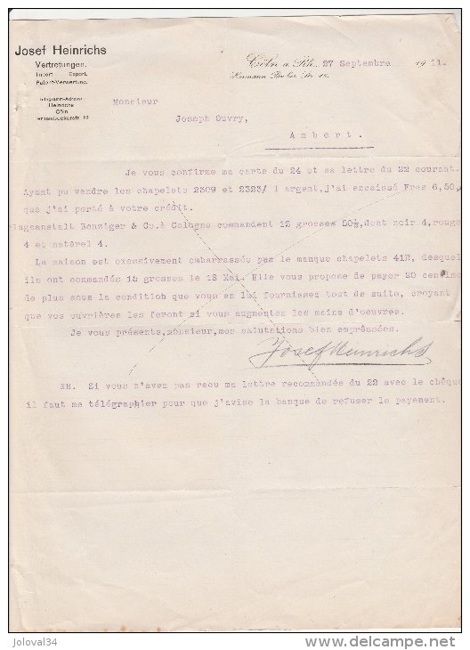 Lettre 27/9/1911 JOSEF HEINRICHS Vertretungen Import Export CÖLN Allemagne - 1900 – 1949