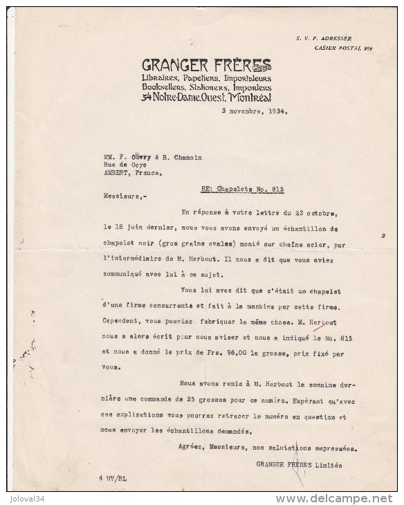 Lettre 3/11/1934 GRANGER Frères Libraires Papetiers 54 Notre Dame Ouest MONTREAL Canada - Canada