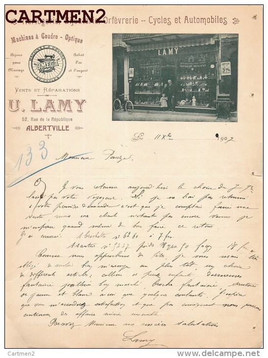 ALBERTVILLE FACTURE HORLOGERIE BIJOUTERIE ORFEVRERIE CYCLES AUTOMOBILES U.LAMY 52 RUE DE LA REPUBLIQUE MACHINE A COUDRE - 1900 – 1949