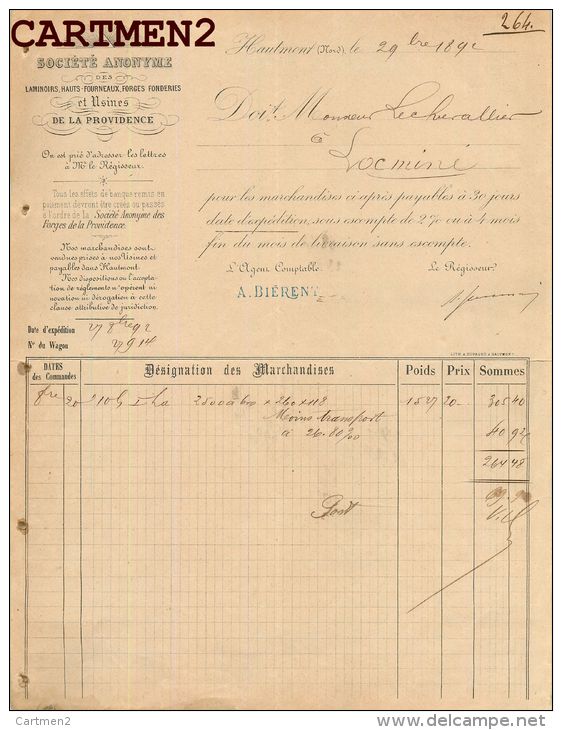HAUTMONT FACTURE LAMINOIRES HAUT-FOURNEAUX FORGES FONDERIES USINES DE LA PROVIDENCE HAUTMONT 59 NORD - 1800 – 1899