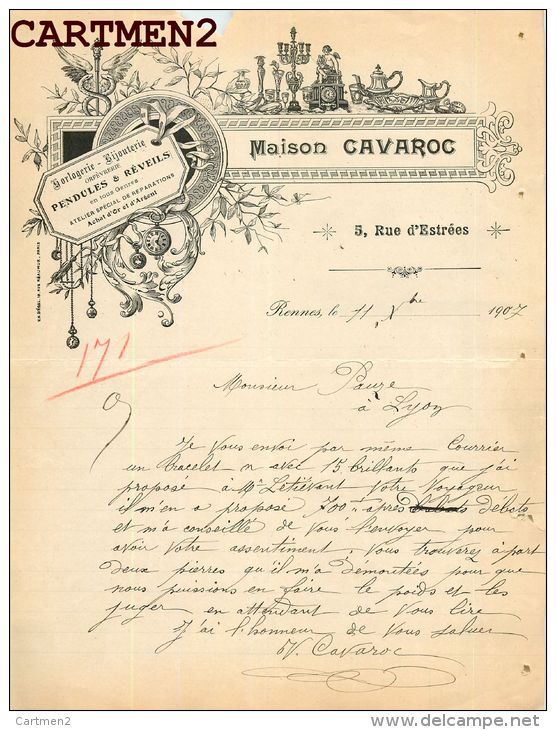 RENNES 5 RUE D'ESTREES MAISON CAVAROC HORLOGERIE BIJOUTERIE OR PENDULES REVEILS BRETAGNE - 1900 – 1949