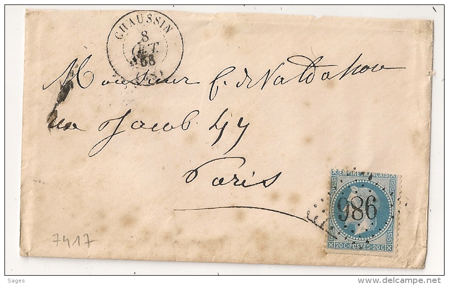GC 896 CHAUSSIN, Jura Sur Enveloppe. TIMBRE DECOUPE CISEAUX. - 1849-1876: Classic Period