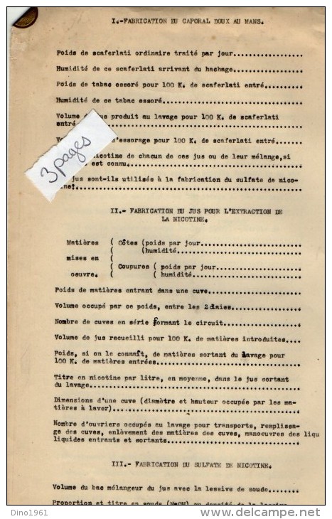 VP3595 - Tabac -  Note Sur La Fabrication Du Caporal Doux Au MANS  - Mr SCHLOESING à PARIS - Documents