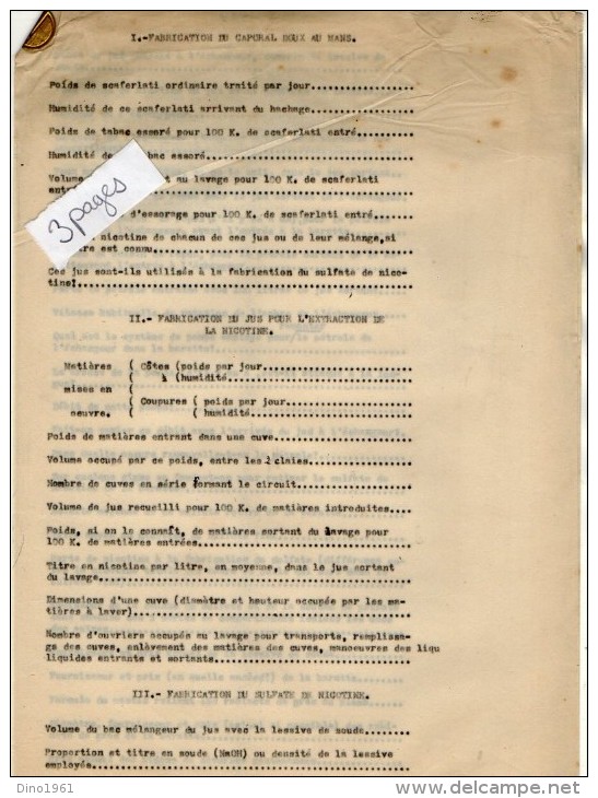 VP3595 - Tabac -  Note Sur La Fabrication Du Caporal Doux Au MANS  - Mr SCHLOESING à PARIS - Documents