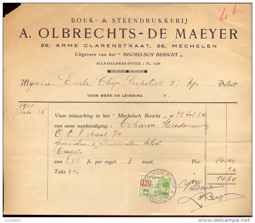 Factuur Facture - Boek & Steendrukkerij Olbrechts - De Maeyer - Mechelen 1931 - Imprenta & Papelería