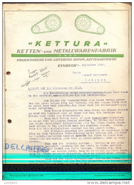 Factuur Facture Brief - Kettura - Ketten Und Metallwarenfabrik - Einbeck 1938 - Autres & Non Classés