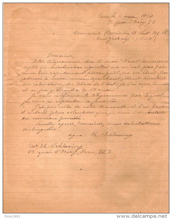 VP3600 -  Tabac - Lettre  De Mr Th. SCHLOESING à PARIS  & Télégramme De NEW YORK State Tobacco - Documents