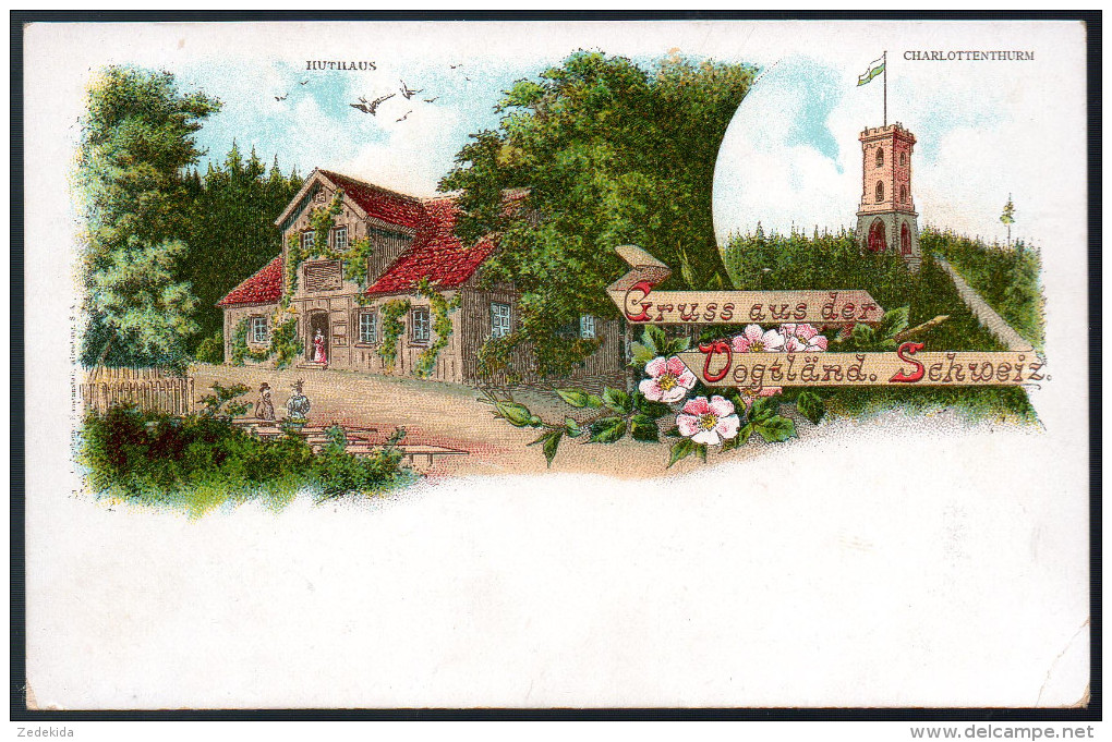 1927 - Ohne Porto - Alte Litho Ansichtskarte - Gruß Aus Der Vogtländischen Schweiz Huthaus Charlottenturm Pöhl - Poehl
