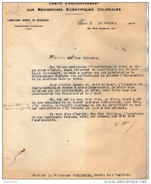 VP3602 -Tabac - Lettres Du Laboratoire De Recherches Scientifiques Coloniales & Mr SCHLOESING à PARIS - Documents