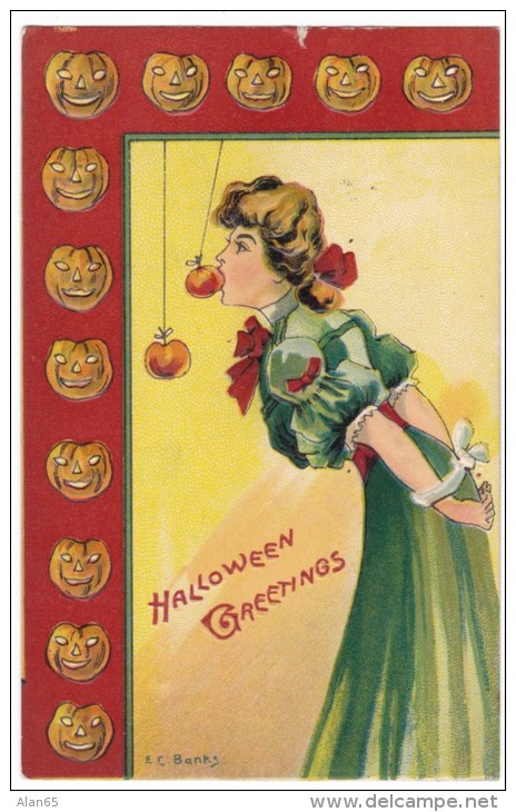 Halloween Greetings, Girl Bobs For Apple On String, Pumpkins Jack-'o'-Lanterns, C1910s Vintage Embossed Postcard - Halloween