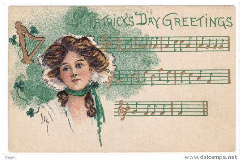 H.B.G. Griggs Artist Signed Image Beautiful Woman, St. Patricks Day, Music Notes C1910s Vintage Embossed Postcard - Saint-Patrick's Day