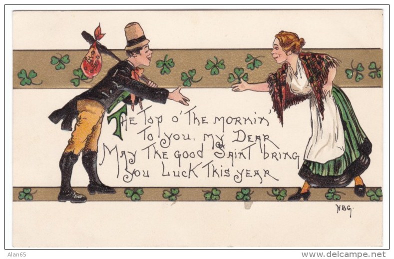 H.B.G. Griggs Artist Signed Image Beautiful Woman, St. Patricks Day, Man &amp; Woman Greet C1910s Vintage Embossed Postc - Saint-Patrick