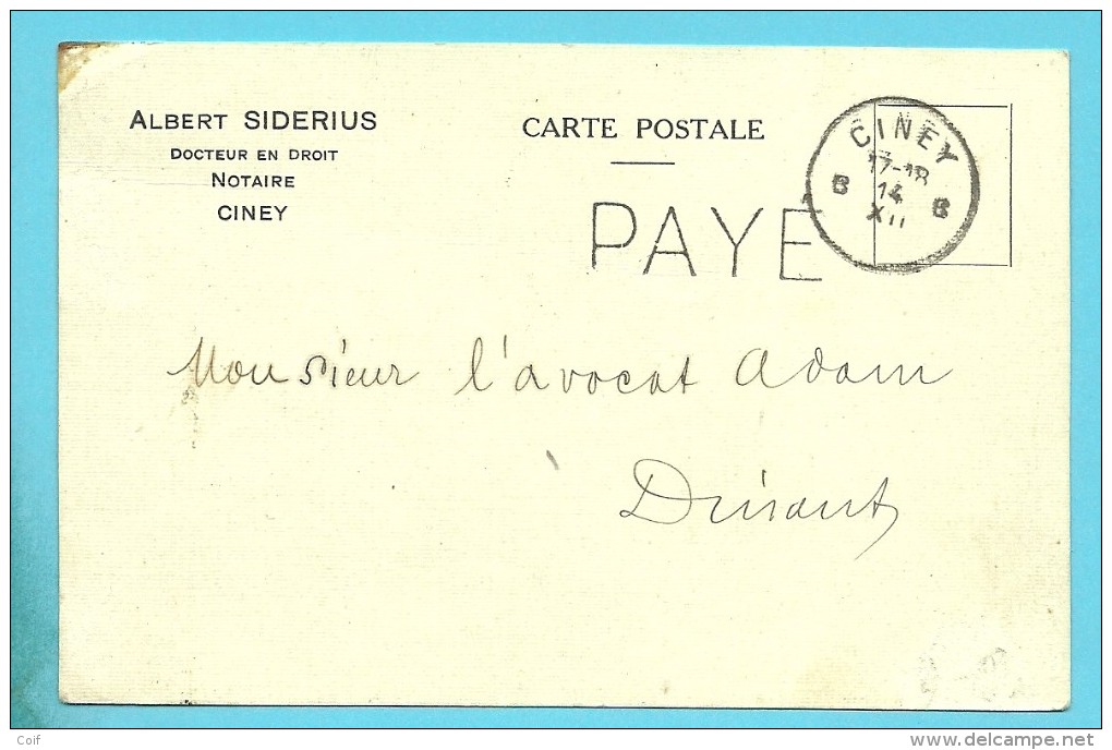 Kaart Met Cirkelstempel CINEY Met Stempel PAYE (noodstempel) - Fortune Cancels (1919)