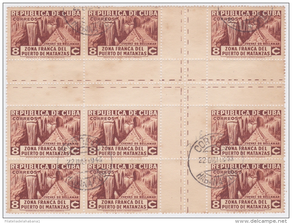 1936-198. (LG279) CUBA. REPUBLICA. 1936. Ed.282CH. 8c ZONA FRANCA CENTRO DE HOJA. CENTER OF SHEET. USED BLOCK 9. - Oblitérés