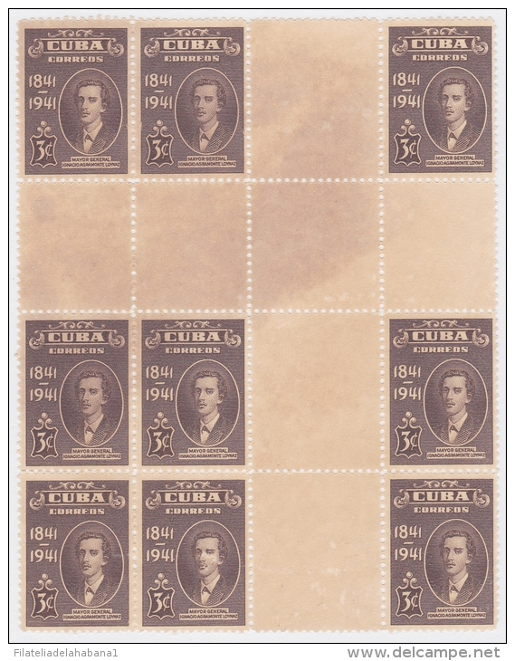 1942-157. (LG289) CUBA. REPUBLICA. 1942. Ed.354CH. 3c AGRAMONTE CENTRO DE HOJA. CENTER OF SHEET NO GUM BLOCK 9. - Nuovi