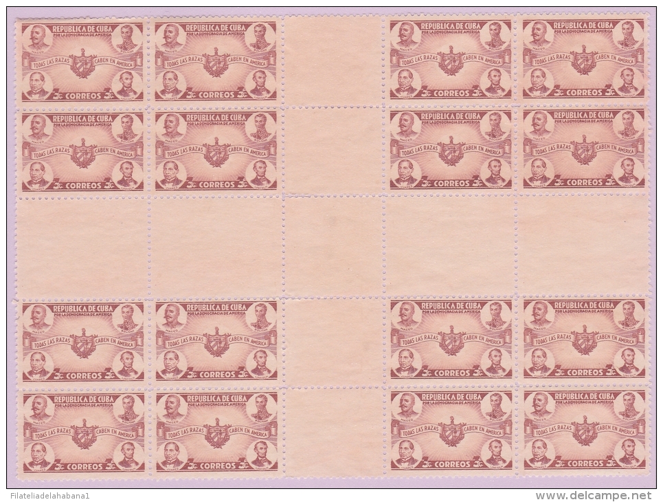 1942-159. (LG291) CUBA. REPUBLICA. 1942. Ed.349CH. 2c. DEMOCRACIA CENTRO DE HOJA. CENTER OF SHEET. NO GUM. BLOCK 16 - Neufs