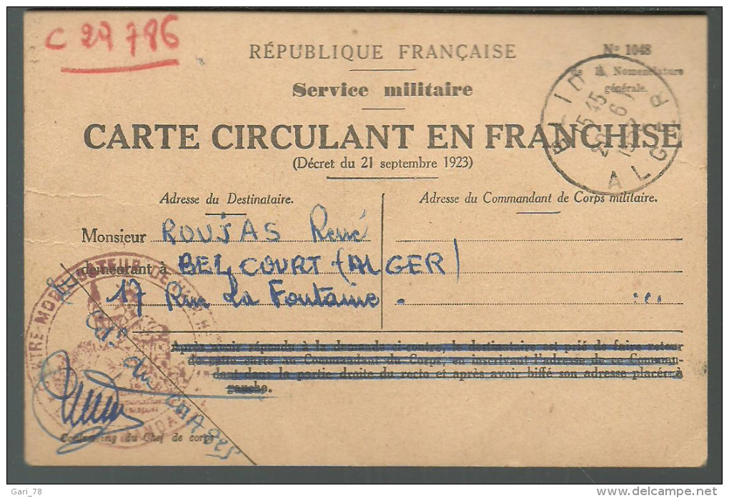 Carte Circulant En Franchise Du 19.06.1952 Notification Du Commandant De Corps Militaire, Nomination Au Grade Adjudant - Documents