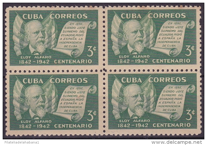 1943-43 CUBA. REPUBLICA. 1943. Ed.360. ELOY ALFARO ECUADOR. MNH ORIGINAL GUM BL 4 - Nuovi