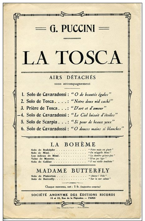 PARTITION OPÉRA MÉLODIE PUCCINI LA TOSCA LE CIEL LUISAIT D ÉTOILES DANS LA NUIT SANS VOILES - Opéra