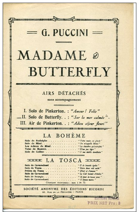 PARTITION OPÉRA MÉLODIE PUCCINI MADAME BUTTERFLY SOLO SUR LA MER CALMÉE UN JOUR UNE FUMÉE - Opera