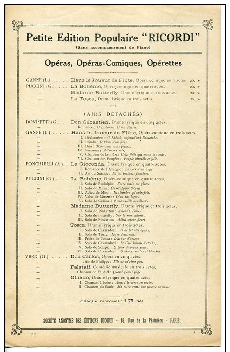 PARTITION OPÉRA MÉLODIE PUCCINI MADAME BUTTERFLY SOLO SUR LA MER CALMÉE UN JOUR UNE FUMÉE - Opera