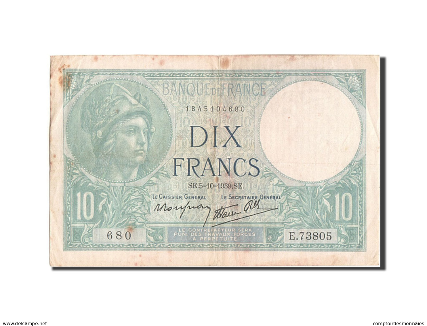 Billet, France, 10 Francs, 10 F 1916-1942 ''Minerve'', 1939, 1939-10-05, TTB - 10 F 1916-1942 ''Minerve''