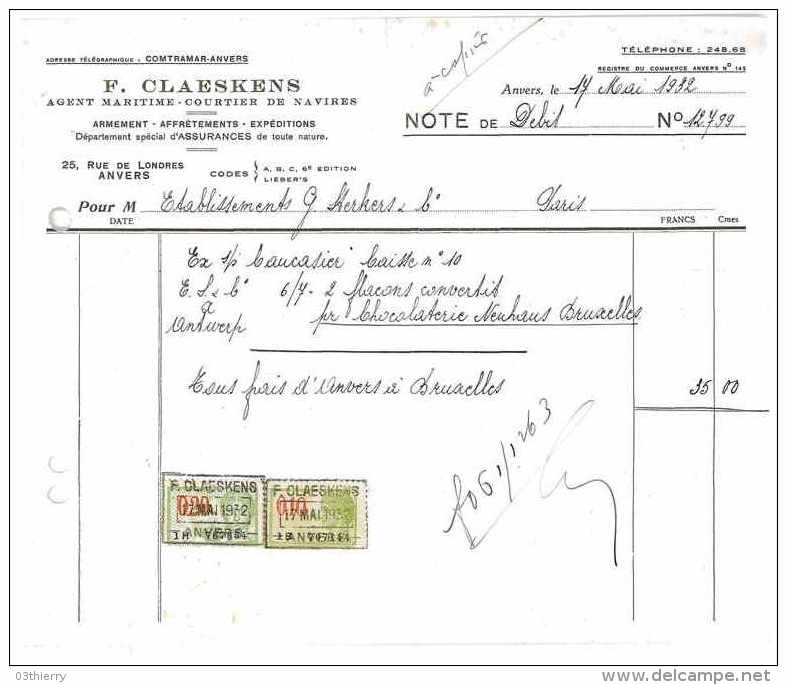 FACTURE AGENT MARITIME COURTIER DE NAVIRES 1932 F. CLAESKENS ANVERS BELGIQUE - Trasporti